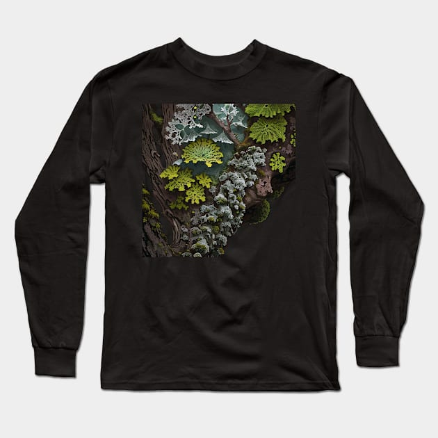 Closeup of Lichen on a Log Long Sleeve T-Shirt by CursedContent